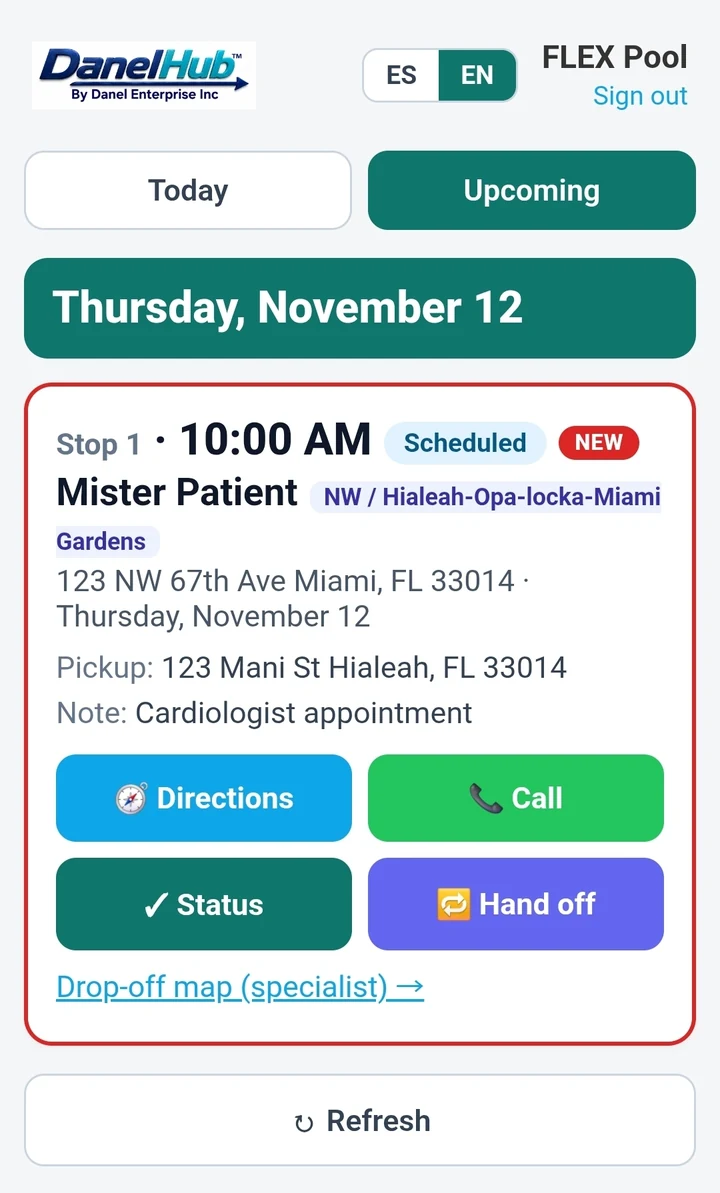 The driver page on a phone with the date, stop, and Directions, Call, Status and Hand off buttons.