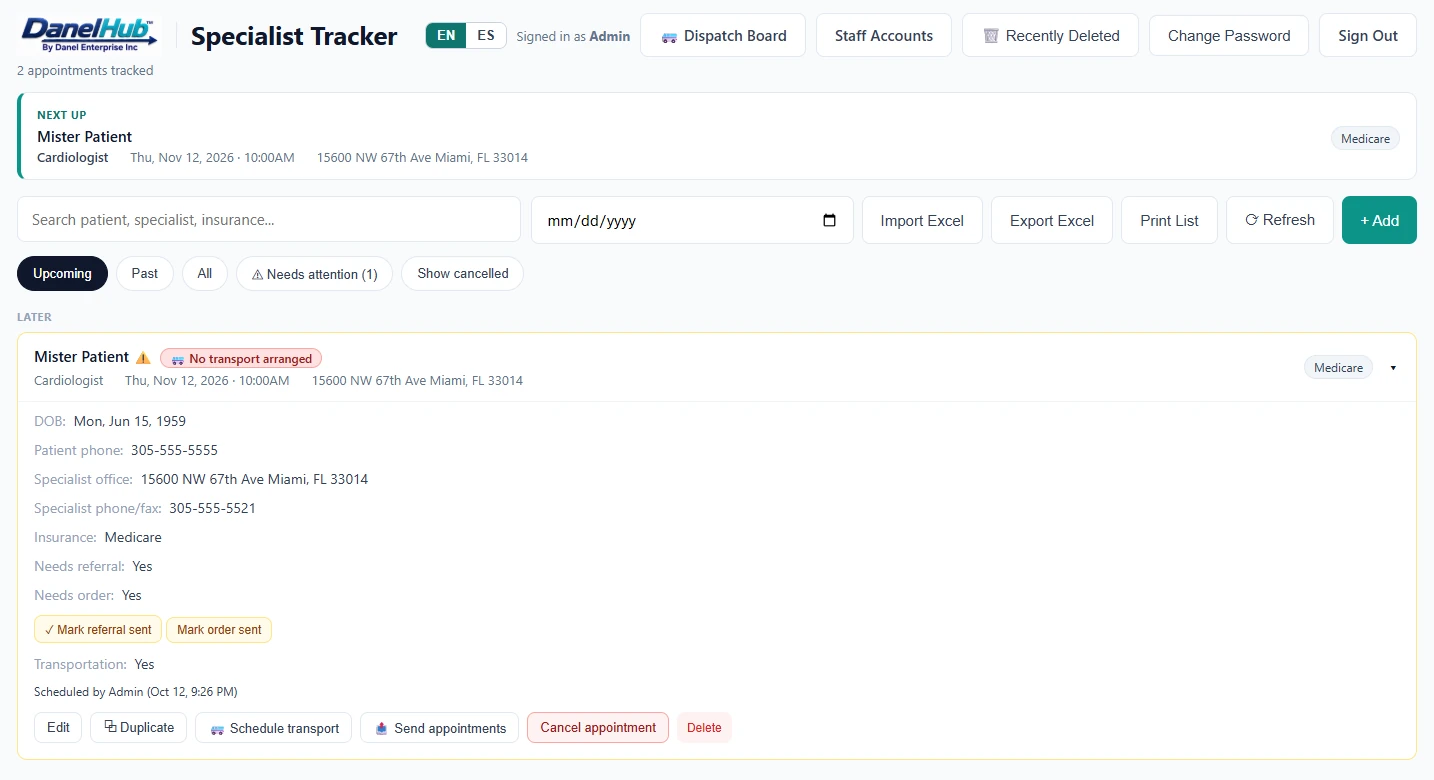 The Specialist Tracker showing an appointment with referral and order buttons.